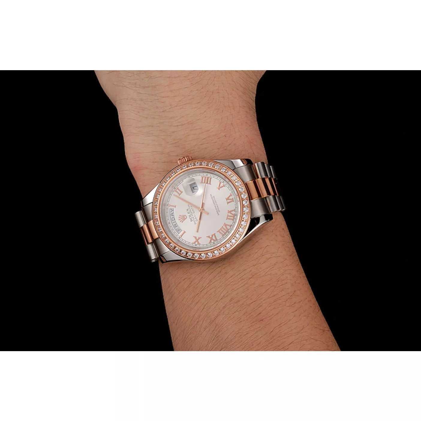 Aaa replica watch Swiss Rolex Day-Date Diamonds Bezel White Dial Rose Gold And Staineless Steel Bracelet 1454108 0206