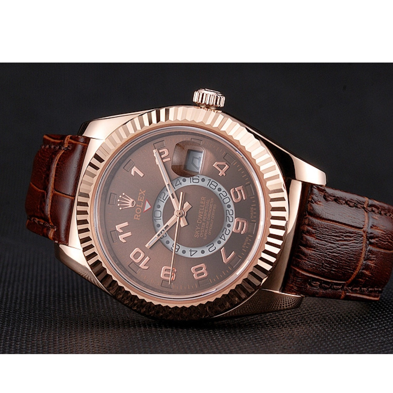 Aaa replica watch Gold Leather Rose Rolex Dial Dweller Case Brown Brown Sky Strap 0219