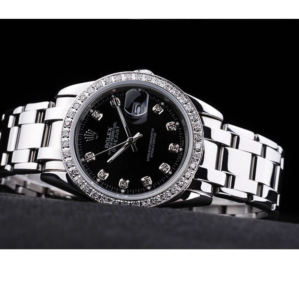 Aaa replica watch Rolex Bezel Stainless Steel DateJust Bracelet Diamond Dial Black 0227