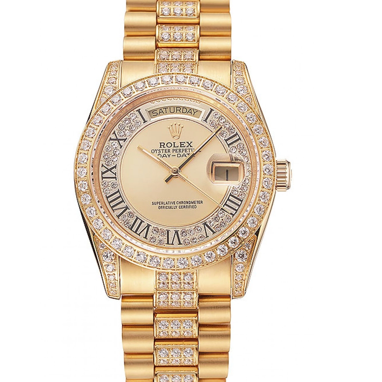 Aaa replica watch Gold Diamond Gold Swiss Rolex Diamond Dial Bracelet Day-Date 1453954 Pave 0216