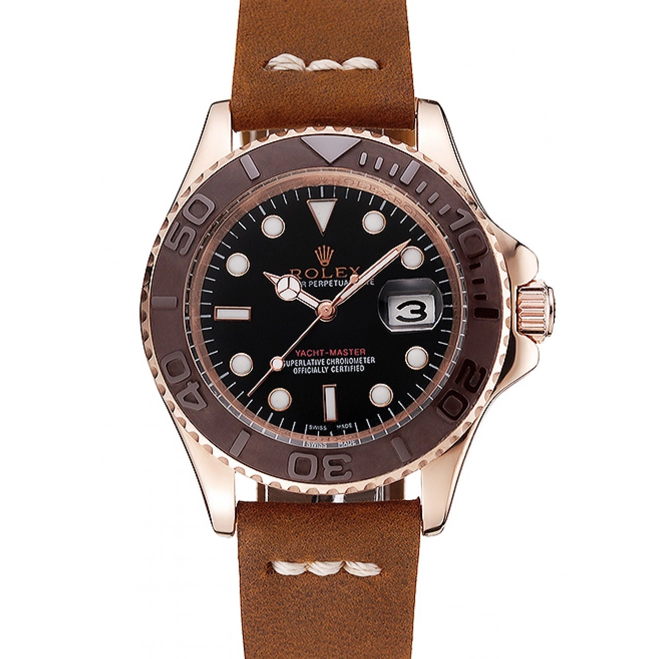 Aaa replica watch Case Rose Brown Leather 1453860 Bezel Rolex Black Gold Bracelet Master Dial Yacht Brown 0223