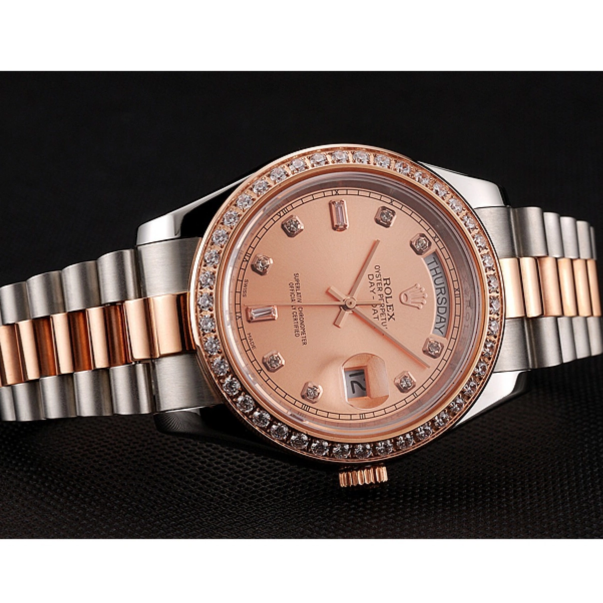 Aaa replica watch Rolex Bracelet Gold Bezel Staineless Steel Day-Date 1454107 Rose Swiss And Diamonds 0222