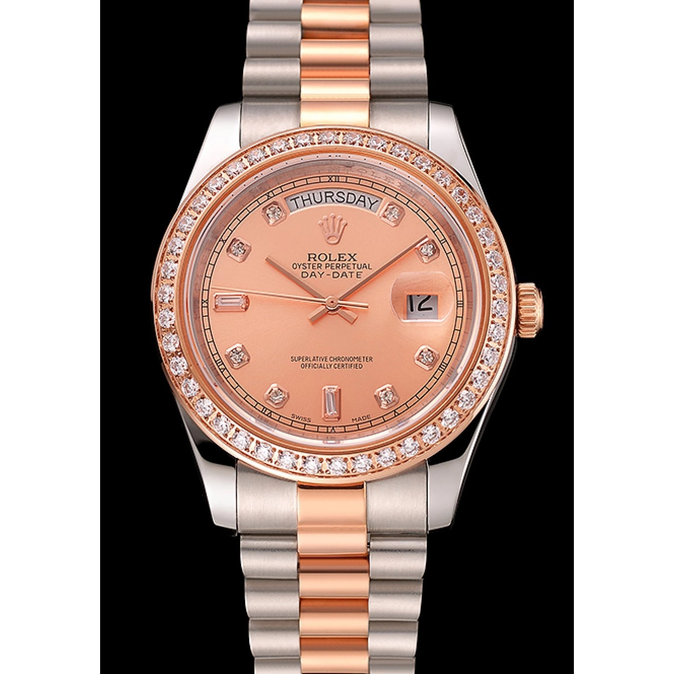 Aaa replica watch Rolex Bracelet Gold Bezel Staineless Steel Day-Date 1454107 Rose Swiss And Diamonds 0222