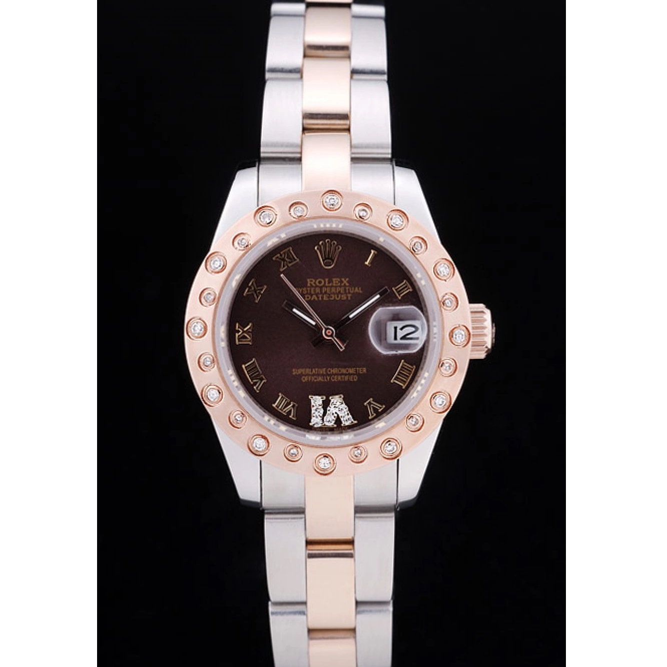 Aaa replica watch Rolex Polished Dial Bezel Diamonds Rose Gold Datejust Brown 7475 0219