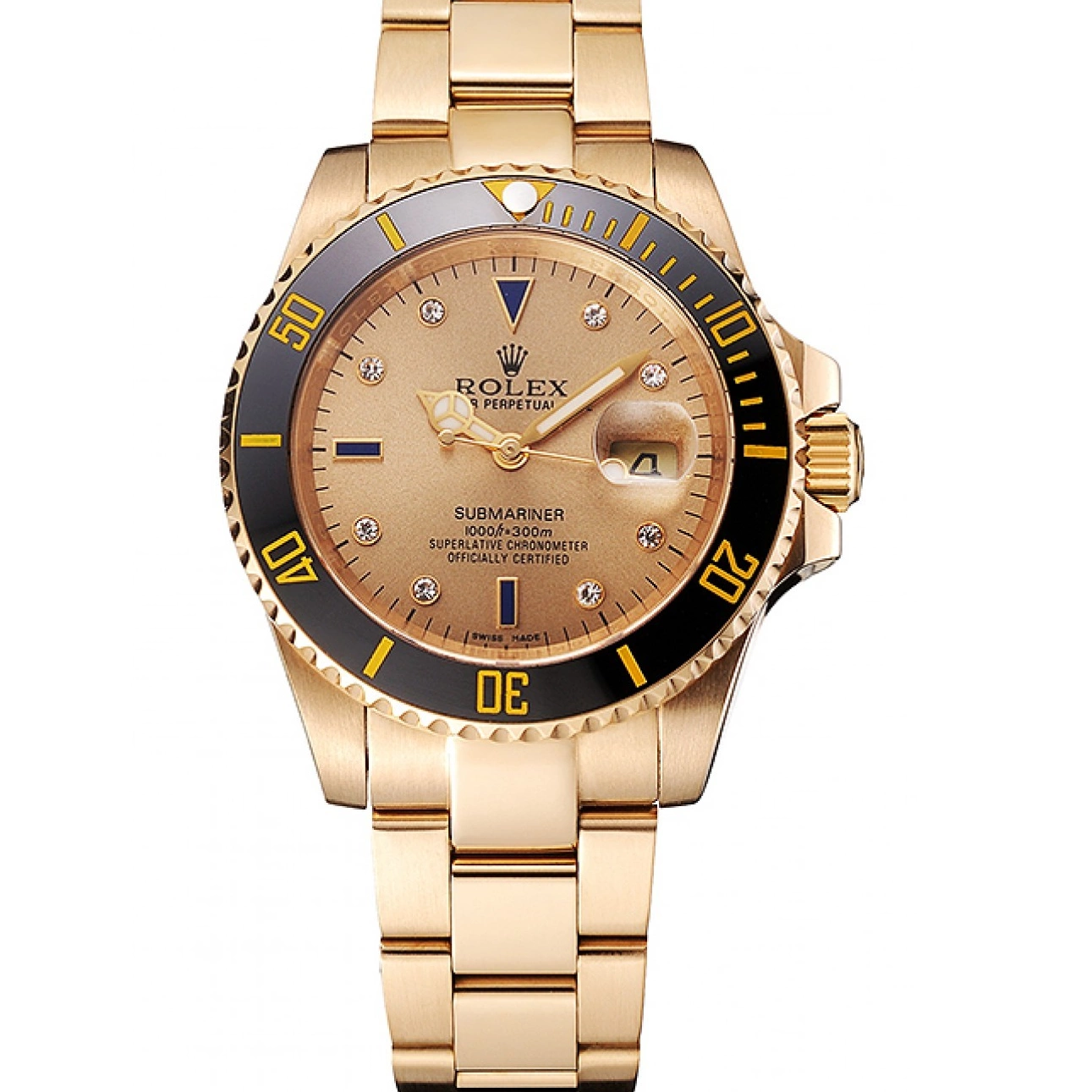 Diamond Dial Yellow Gold Black Bracelet Bezel And Swiss Markings With Rolex Case Gold Submariner 0226