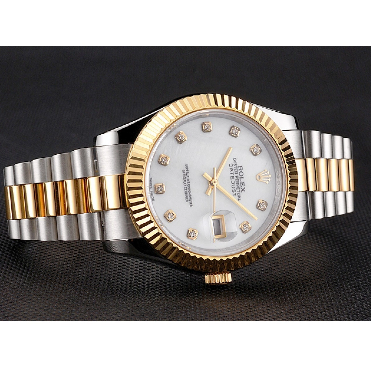 Aaa replica watch Datejust White Steel Swiss Marks Gold Hour Stainless Rolex Bezel Diamond Tone Case Two Bracelet Dial 0219