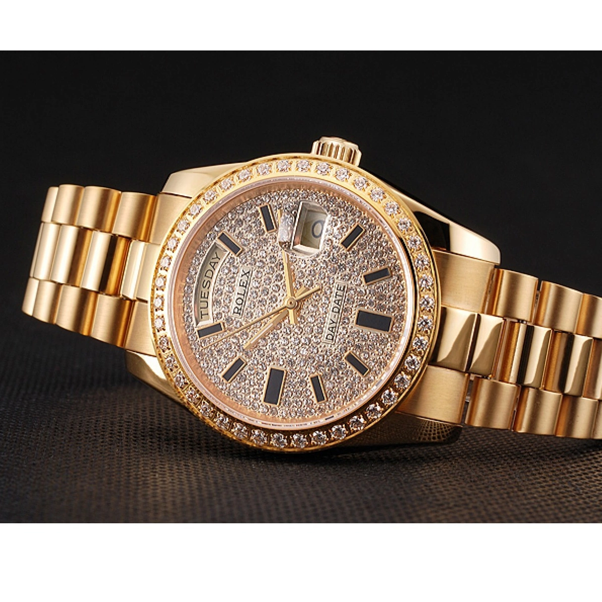 Aaa replica watch And Dial Day Bracelet Date Gold Swiss Rolex Pave Bezel Case And Diamond 0224