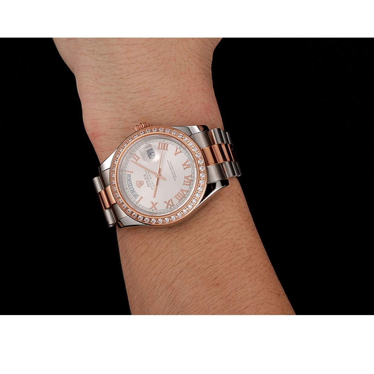 Aaa replica watch Bracelet White Staineless Bezel Diamonds Rose 1454108 Steel Dial And Gold Swiss Day-Date Rolex 0217