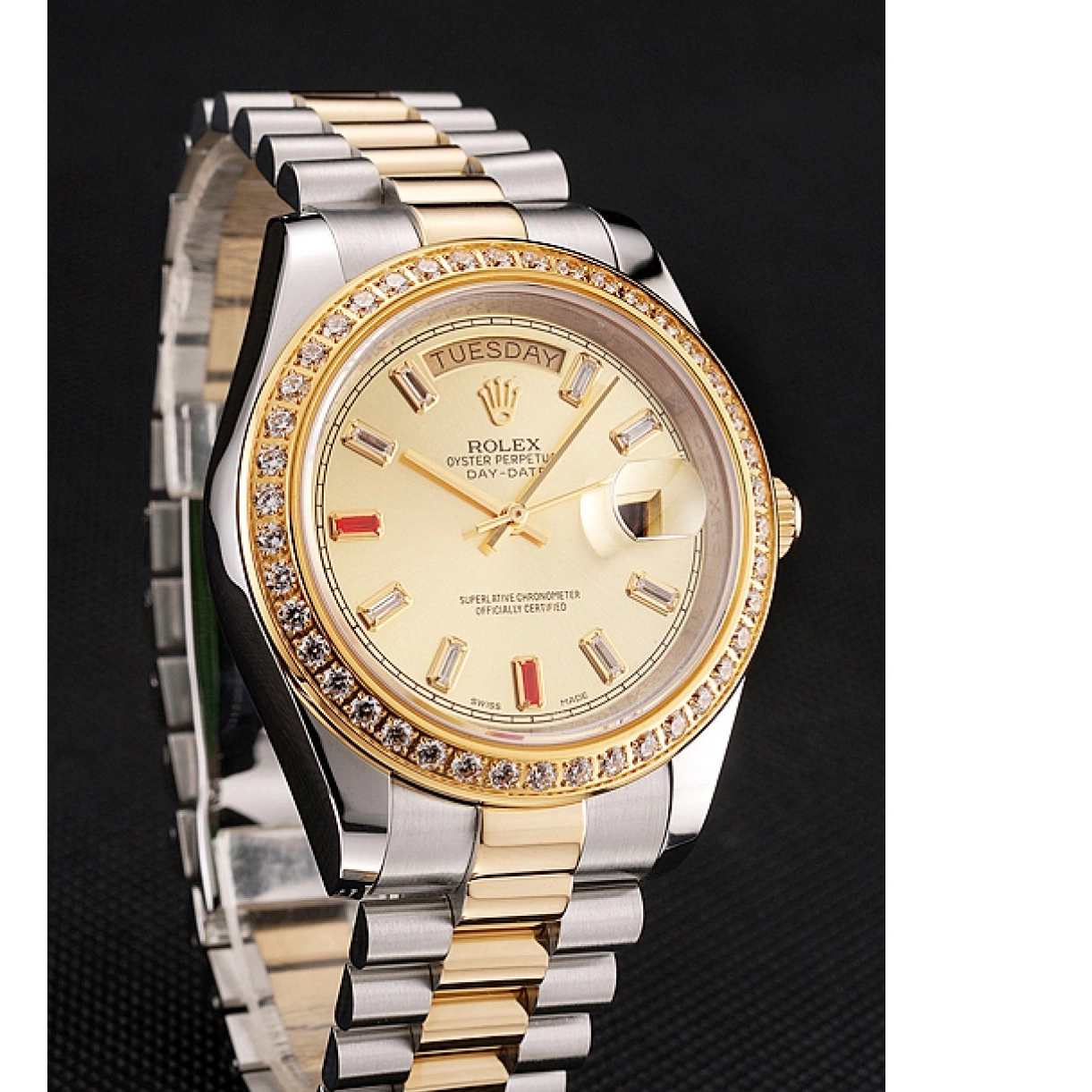 Aaa replica watch Bracelet And Tone Day-Date Rubies 1454104 Two Dial Swiss Champagne Rolex Diamonds 0217