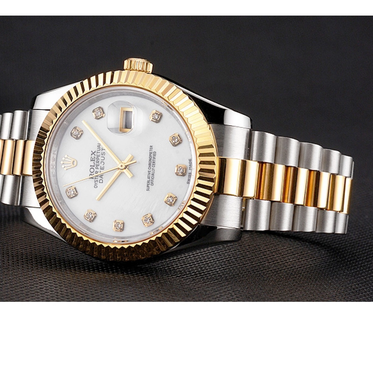 Aaa replica watch Datejust White Steel Swiss Marks Gold Hour Stainless Rolex Bezel Diamond Tone Case Two Bracelet Dial 0219