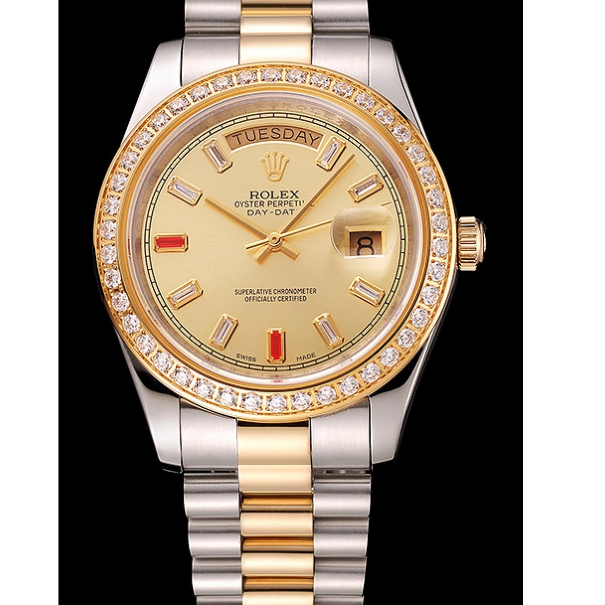 Aaa replica watch Bracelet And Tone Day-Date Rubies 1454104 Two Dial Swiss Champagne Rolex Diamonds 0217