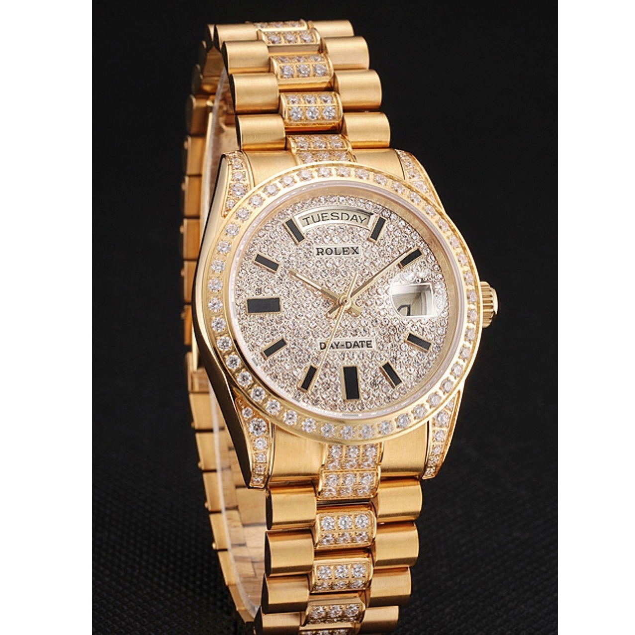 Aaa replica watch Rolex Diamond Gold Date Swiss Day Pave Yellow 0215