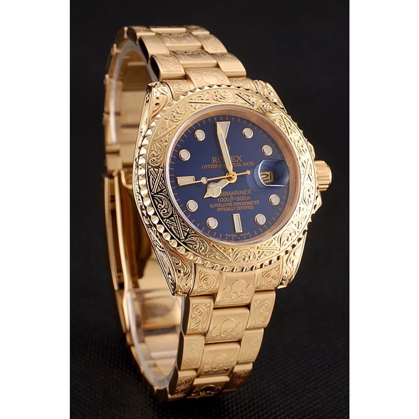 Aaa replica watch Swiss Rolex Submariner Skull Limited Edition Blue Dial Gold Case And Bracelet 1454089 0203