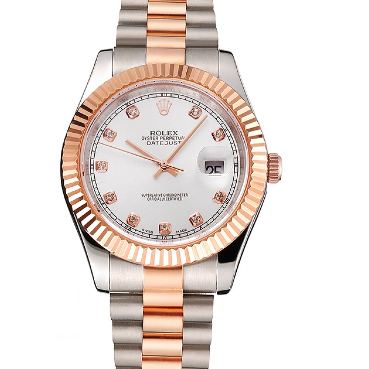 Aaa replica watch White Swiss Dial Bracelet Bezel Case Two Datejust Stainless Gold Tone Rose Rolex Steel 0217