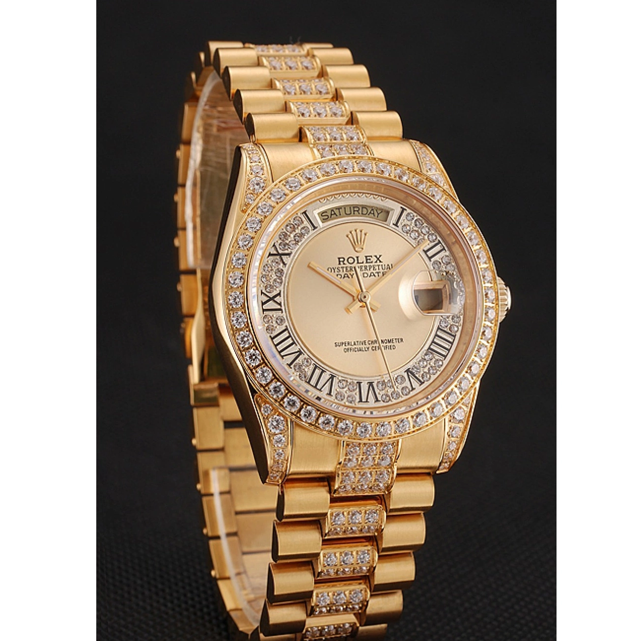 Aaa replica watch Diamond Dial Swiss Gold 1453954 Bracelet Pave Gold Rolex Day-Date Diamond 0208