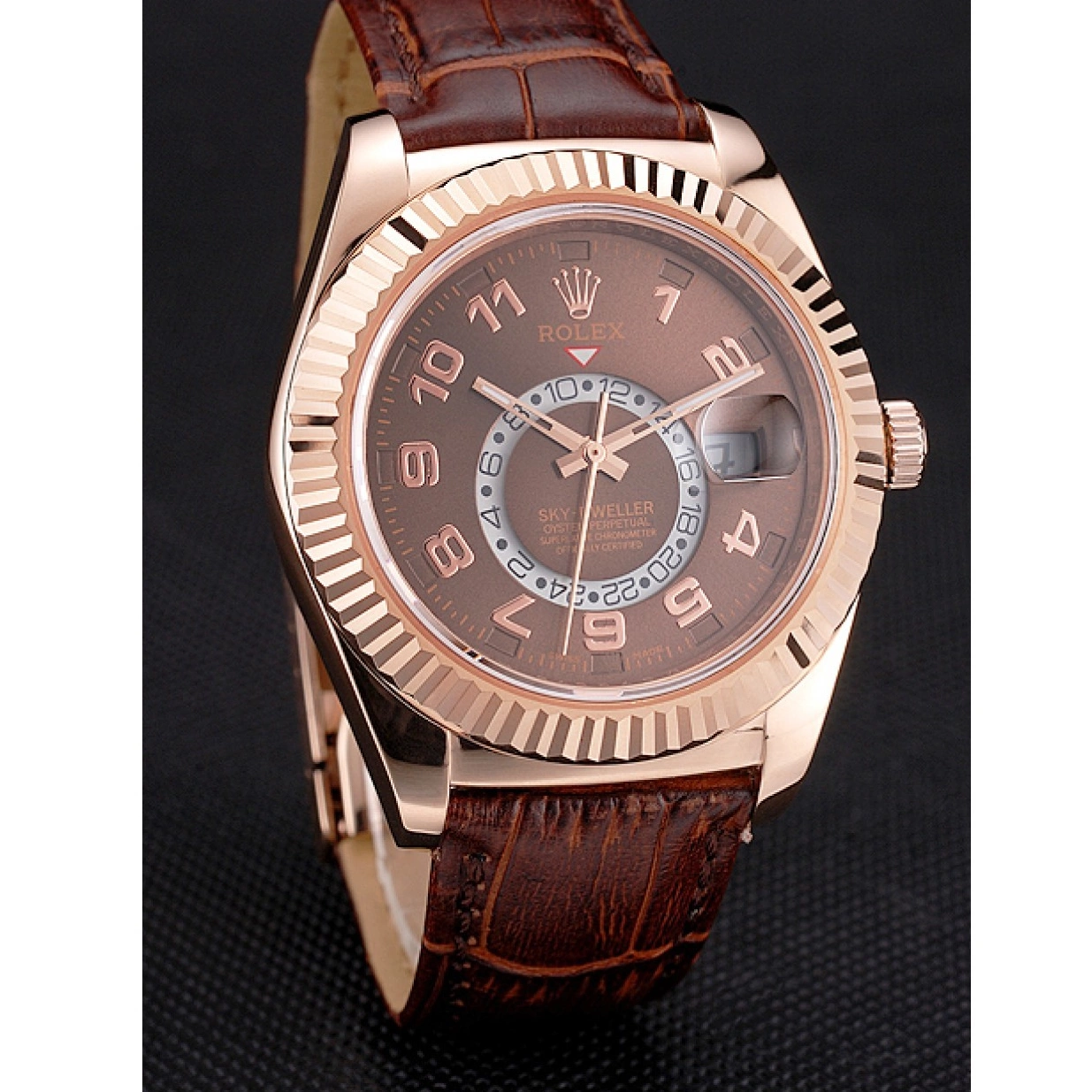 Aaa replica watch Gold Leather Rose Rolex Dial Dweller Case Brown Brown Sky Strap 0219