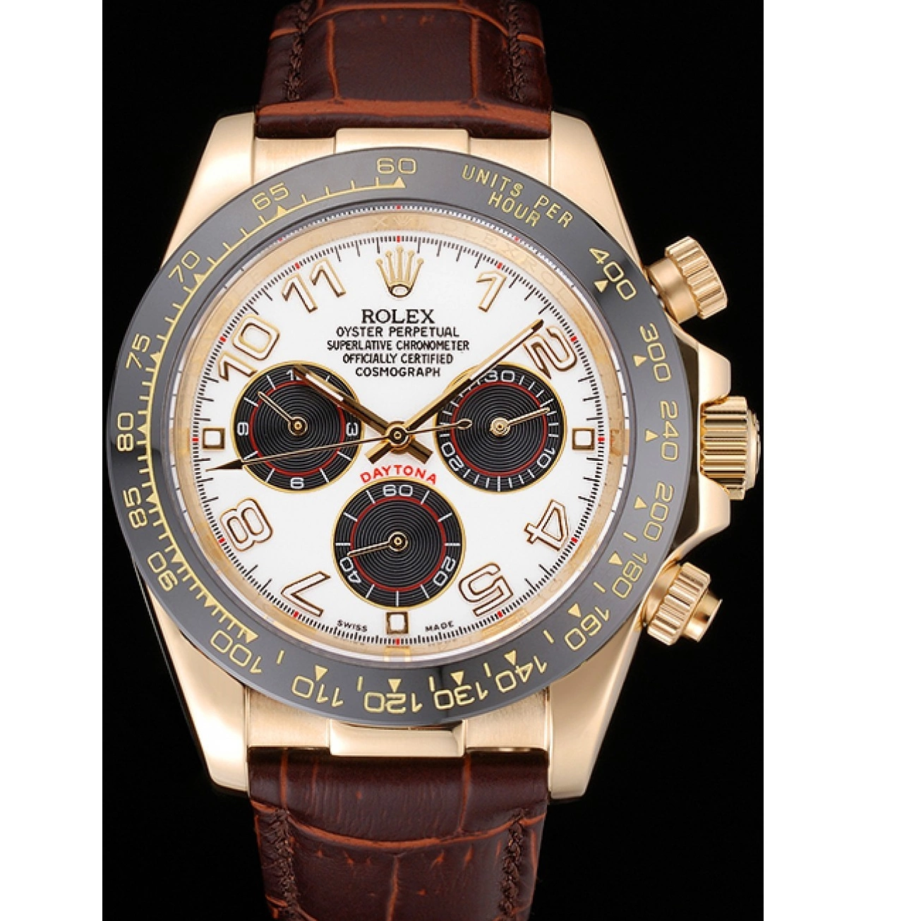 Aaa replica watch Cosmograph Daytona Rolex Gold Bracelet Subdials Brown 622634 Leather Case Black 0213