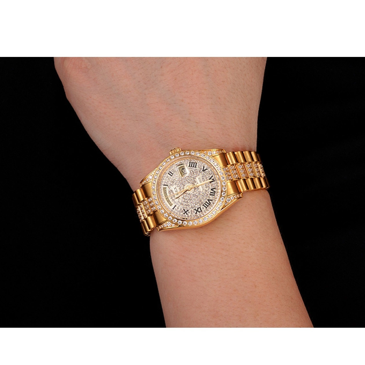 Aaa replica watch Diamond Day-Date 1453956 Swiss Gold Bracelet Pave Rolex Dial Diamond 0227