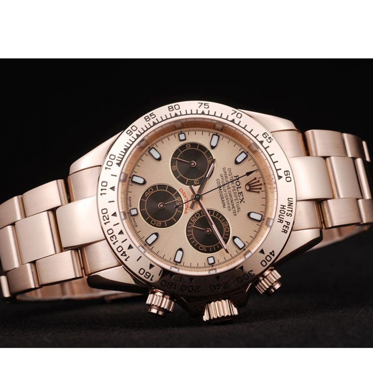 Aaa replica watch Gold Steel Stainless Rolex Dial Rose Plated Bezel Daytona Rose Gold 0216