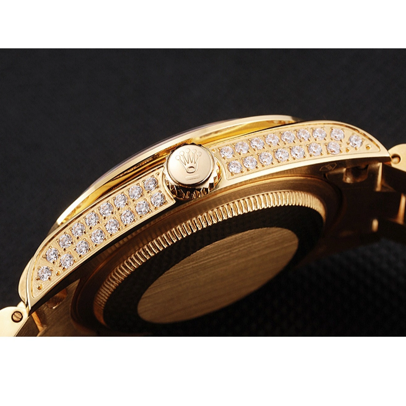 Aaa replica watch Yellow Pave Swiss Day Diamond Rolex Full Date Gold 0225