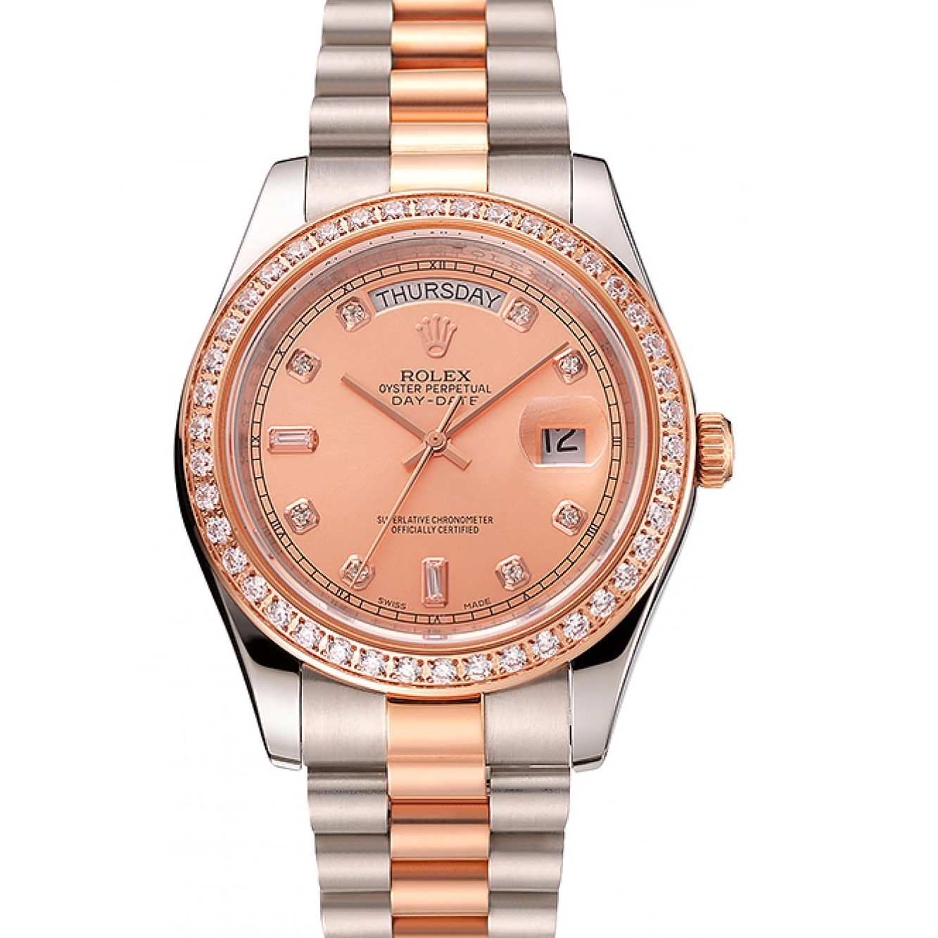 Aaa replica watch Rolex Bracelet Gold Bezel Staineless Steel Day-Date 1454107 Rose Swiss And Diamonds 0222