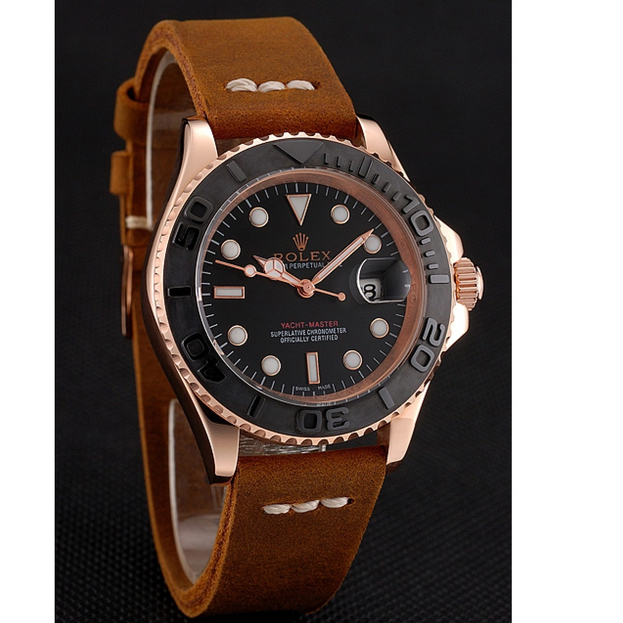 Aaa replica watch Case 1453861 Bracelet Rose Brown Leather Black Yacht Gold Dial Master Rolex 0225