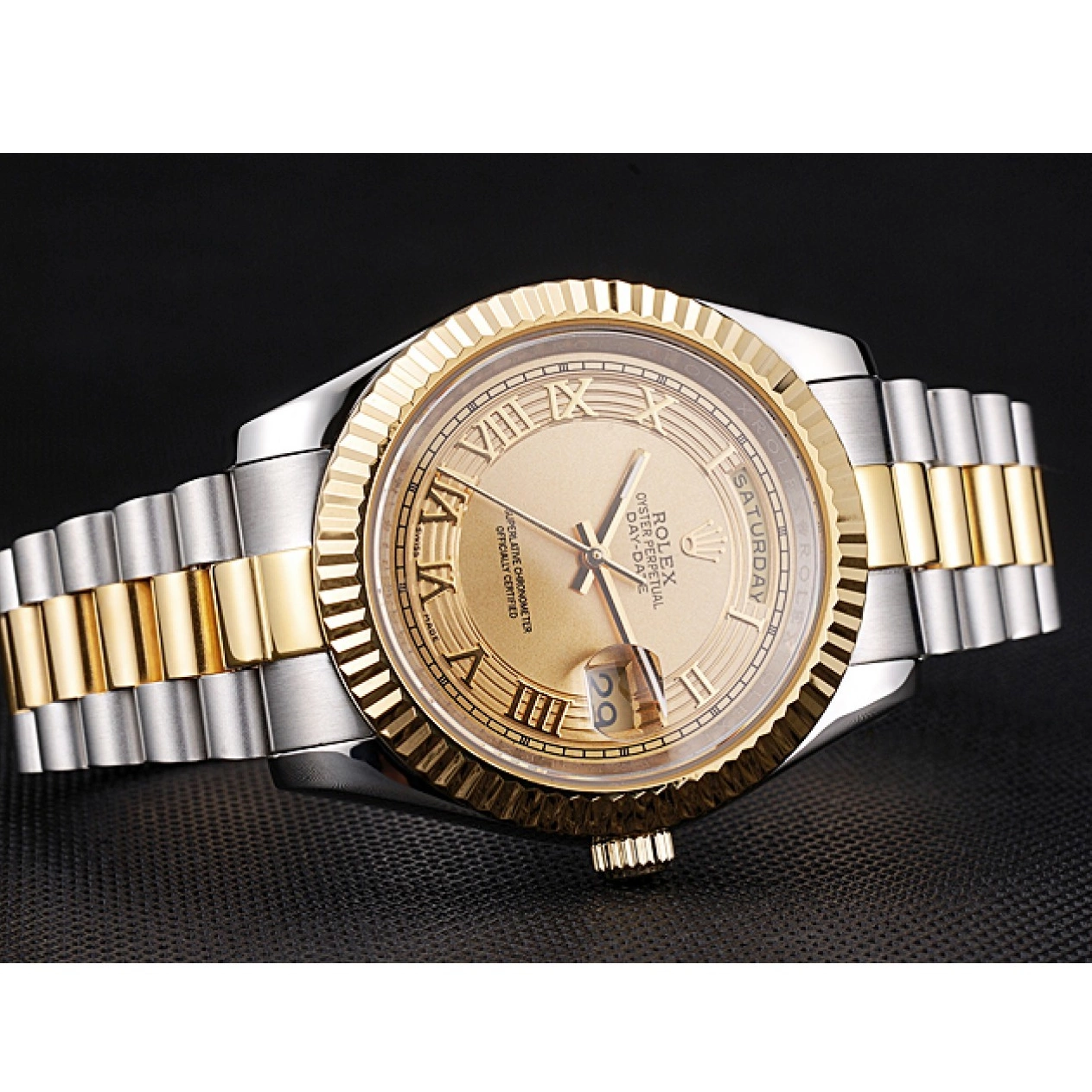 Aaa replica watch Two Plated Dial Day-Date Rolex Tone Gold 18k Gold Steel Stainless 0227