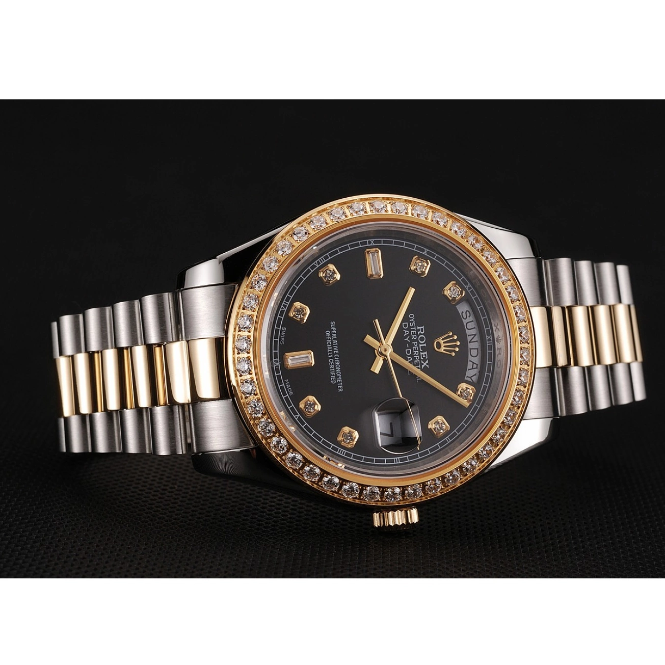 Aaa replica watch Two Gold 1453976 Case Swiss Steel Diamond Bracelet Rolex Black Stainless Tone Day-Date Dial 0226