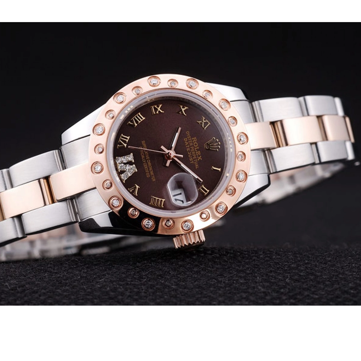 Aaa replica watch Rolex Polished Dial Bezel Diamonds Rose Gold Datejust Brown 7475 0219