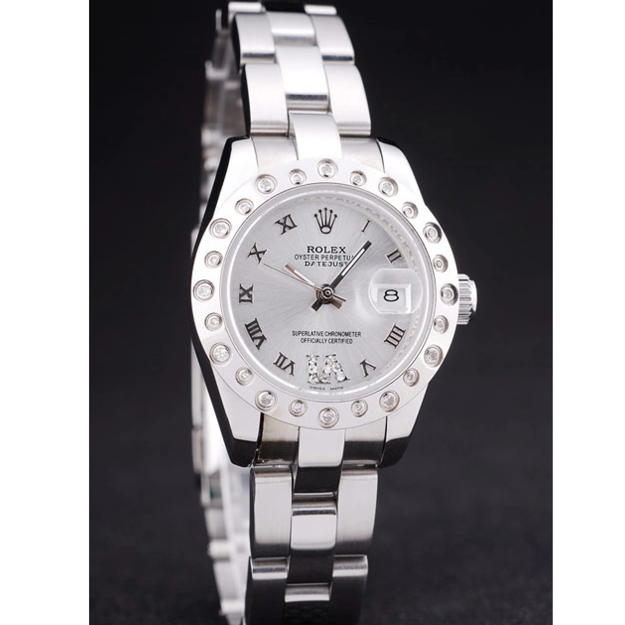 Aaa replica watch 7474 Diamonds Silver Bezel Silver Dial Polished Datejust Rolex 0221