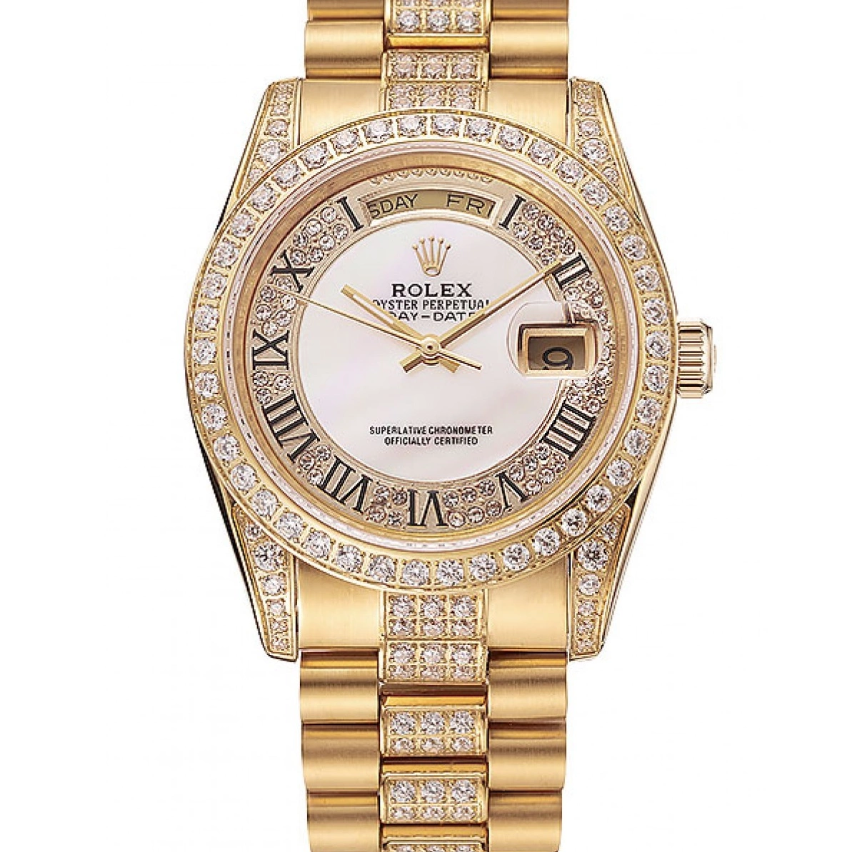 Aaa replica watch Swiss Diamond Rolex Bracelet Dial 1453958 Diamond Day-Date Pave Gold White 0215