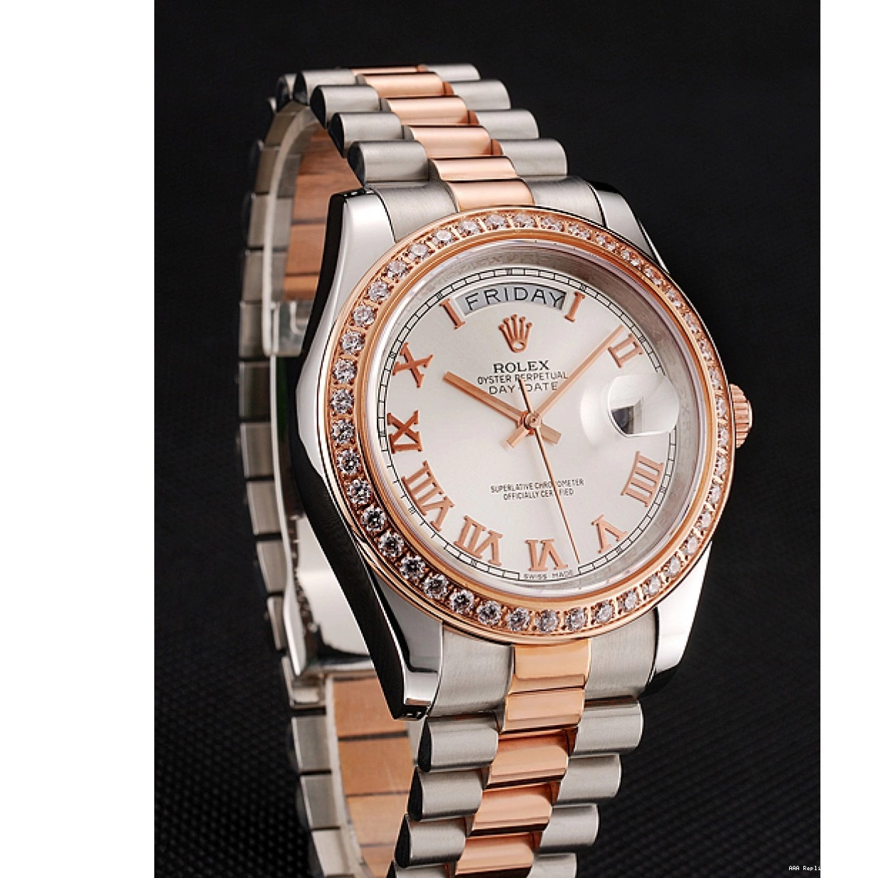 Aaa replica watch Bracelet White Staineless Bezel Diamonds Rose 1454108 Steel Dial And Gold Swiss Day-Date Rolex 0217