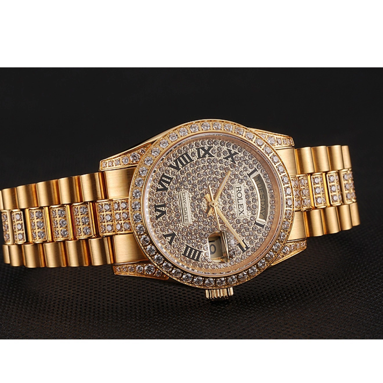 Aaa replica watch Diamond Pave Diamond Bracelet Swiss Rolex Day-Date Gold Dial 1453956 0210