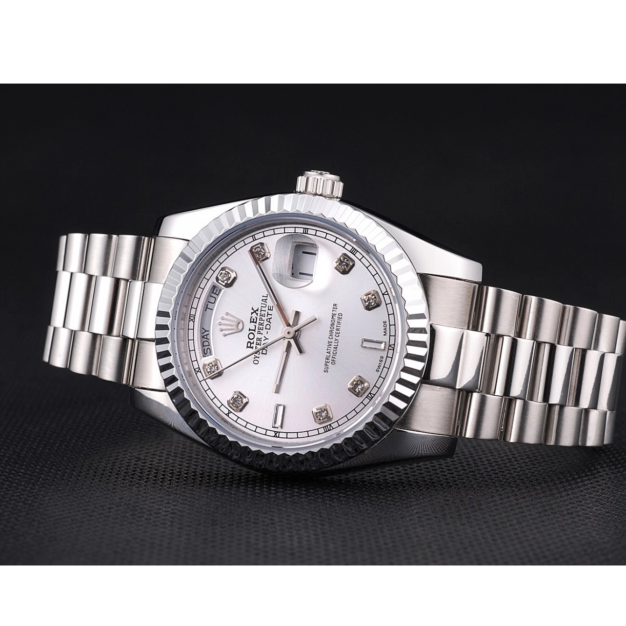 Aaa replica watch Stainless Rolex Polished Day-Date Dial Silver Steel 0224