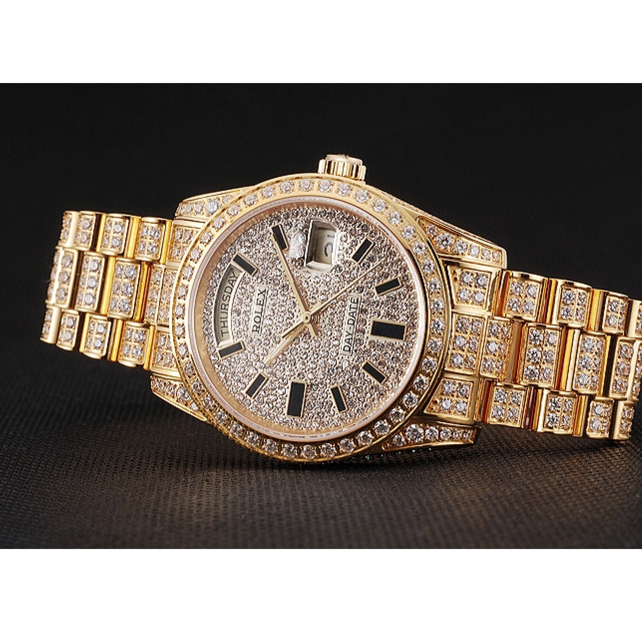 Aaa replica watch Yellow Pave Swiss Day Diamond Rolex Full Date Gold 0225