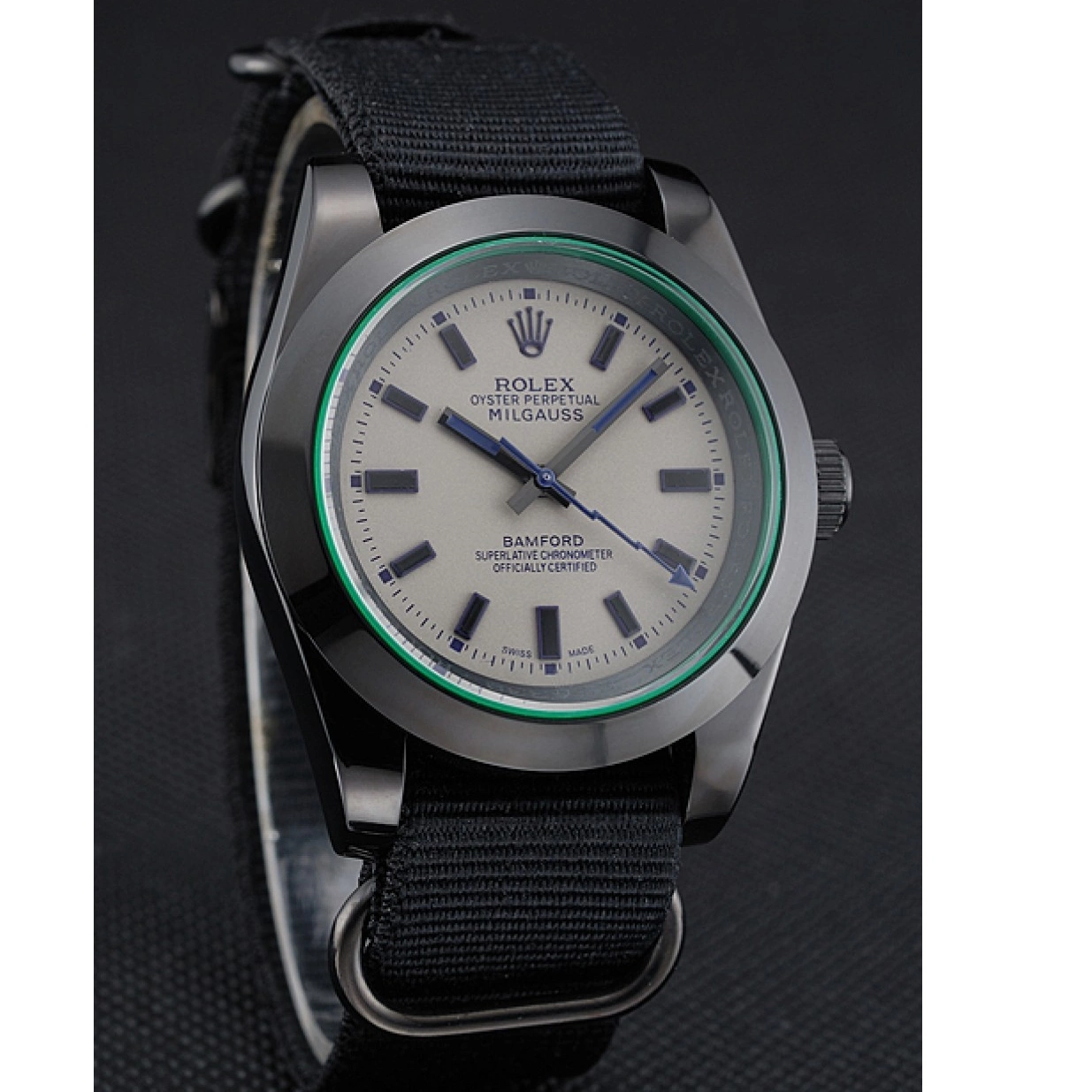 Aaa replica watch Black Milgauss Bamford Nylon Rolex 622000 Strap 0208