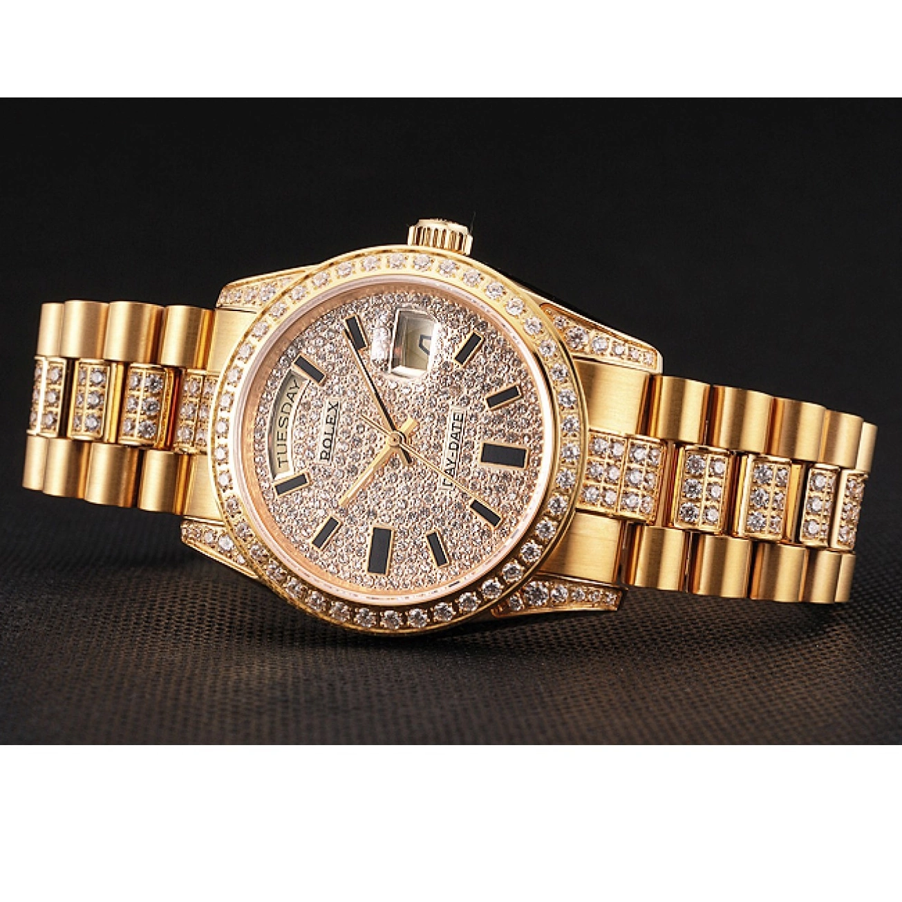 Aaa replica watch Rolex Swiss Day Diamond Yellow Pave Date Gold 0215