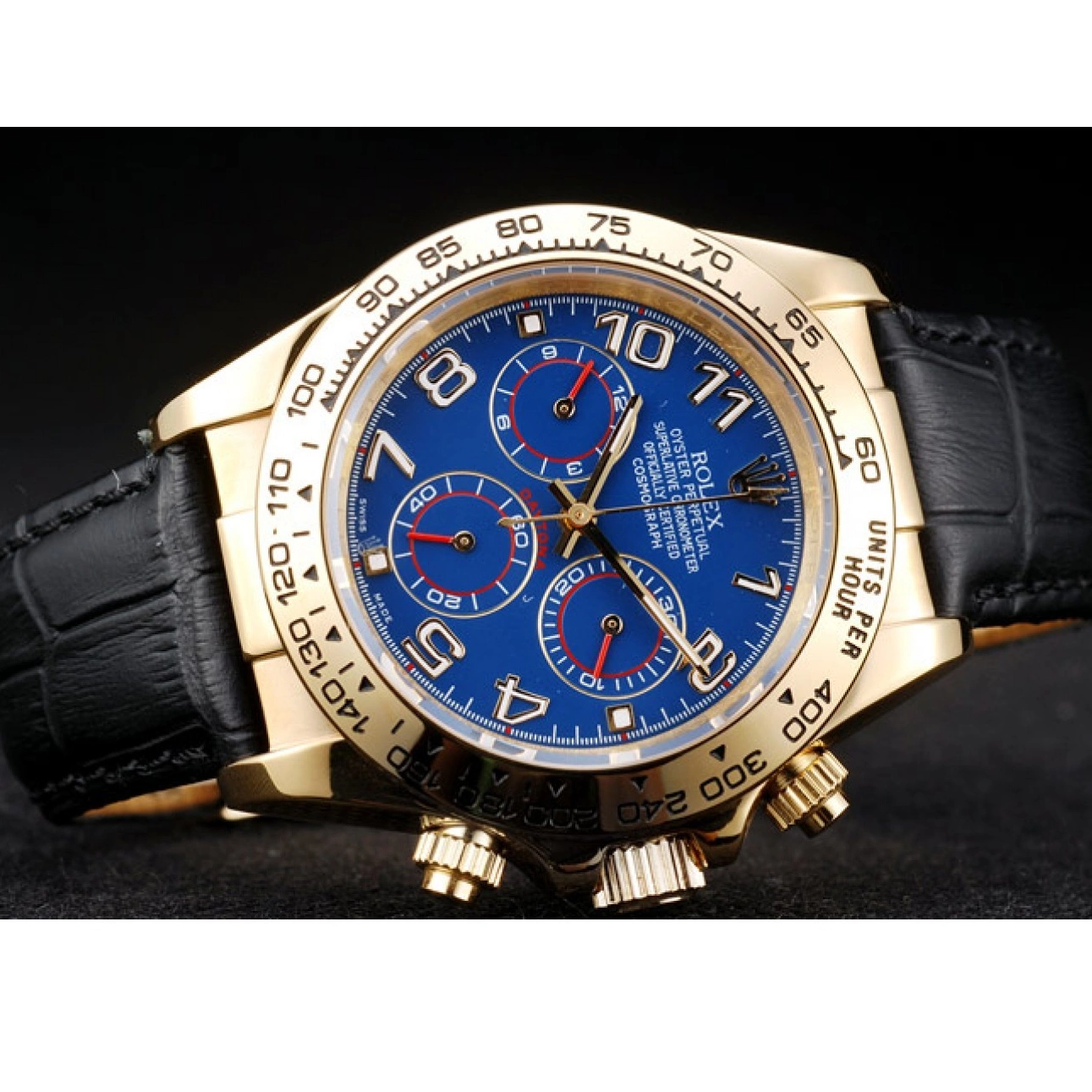 Aaa replica watch Rolex Blue Case Black Dial Strap Leather Gold Daytona 0224