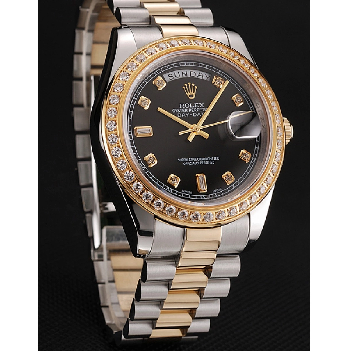 Aaa replica watch Two Gold 1453976 Case Swiss Steel Diamond Bracelet Rolex Black Stainless Tone Day-Date Dial 0226