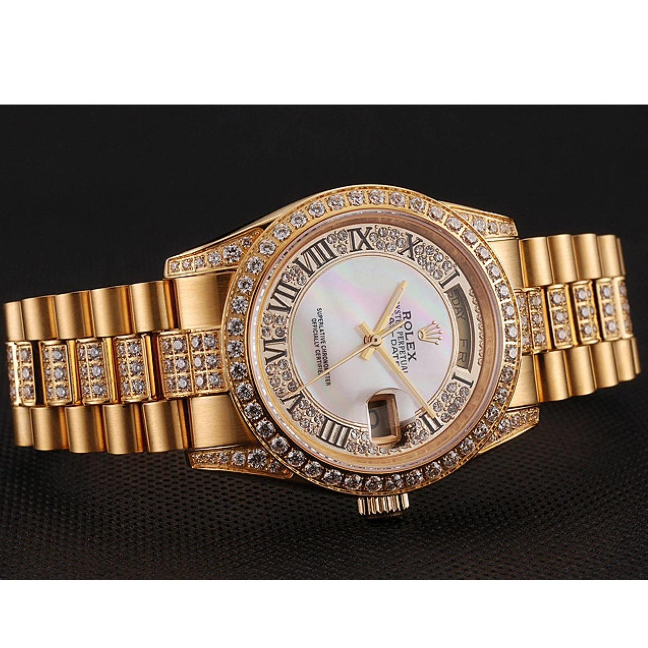 Aaa replica watch Swiss Diamond Rolex Bracelet Dial 1453958 Diamond Day-Date Pave Gold White 0215