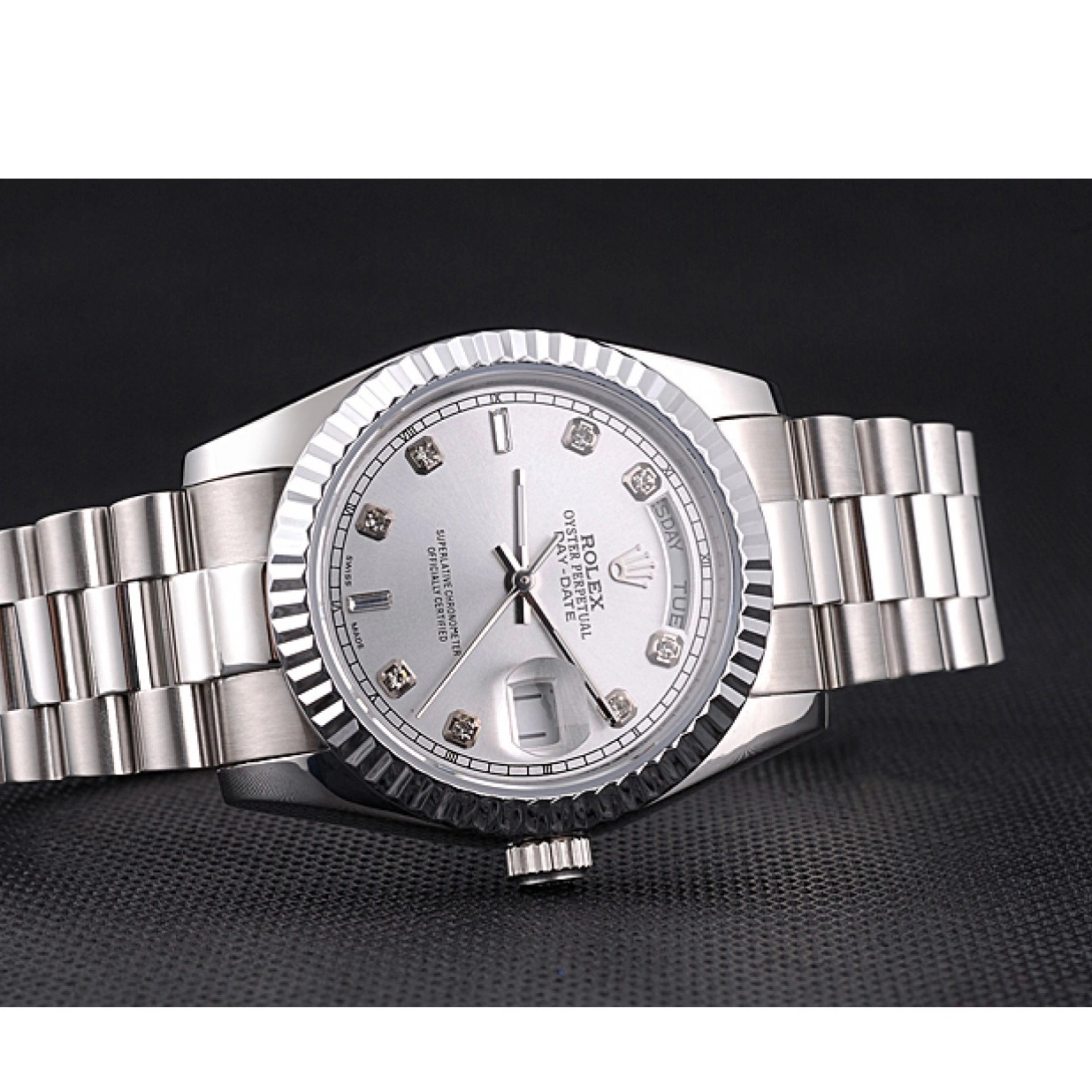 Aaa replica watch Steel Stainless Rolex Polished Day-Date Dial Silver 0226