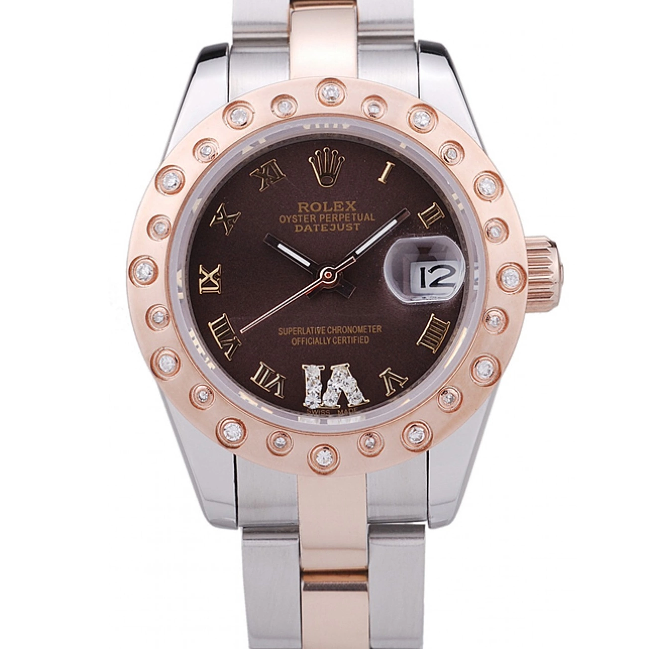 Aaa replica watch Rolex Polished Dial Bezel Diamonds Rose Gold Datejust Brown 7475 0219