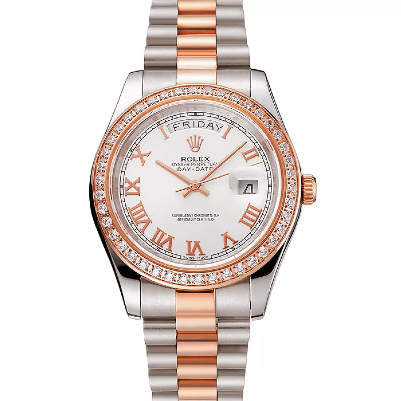 Aaa replica watch Swiss Rolex Day-Date Diamonds Bezel White Dial Rose Gold And Staineless Steel Bracelet 1454108 0206