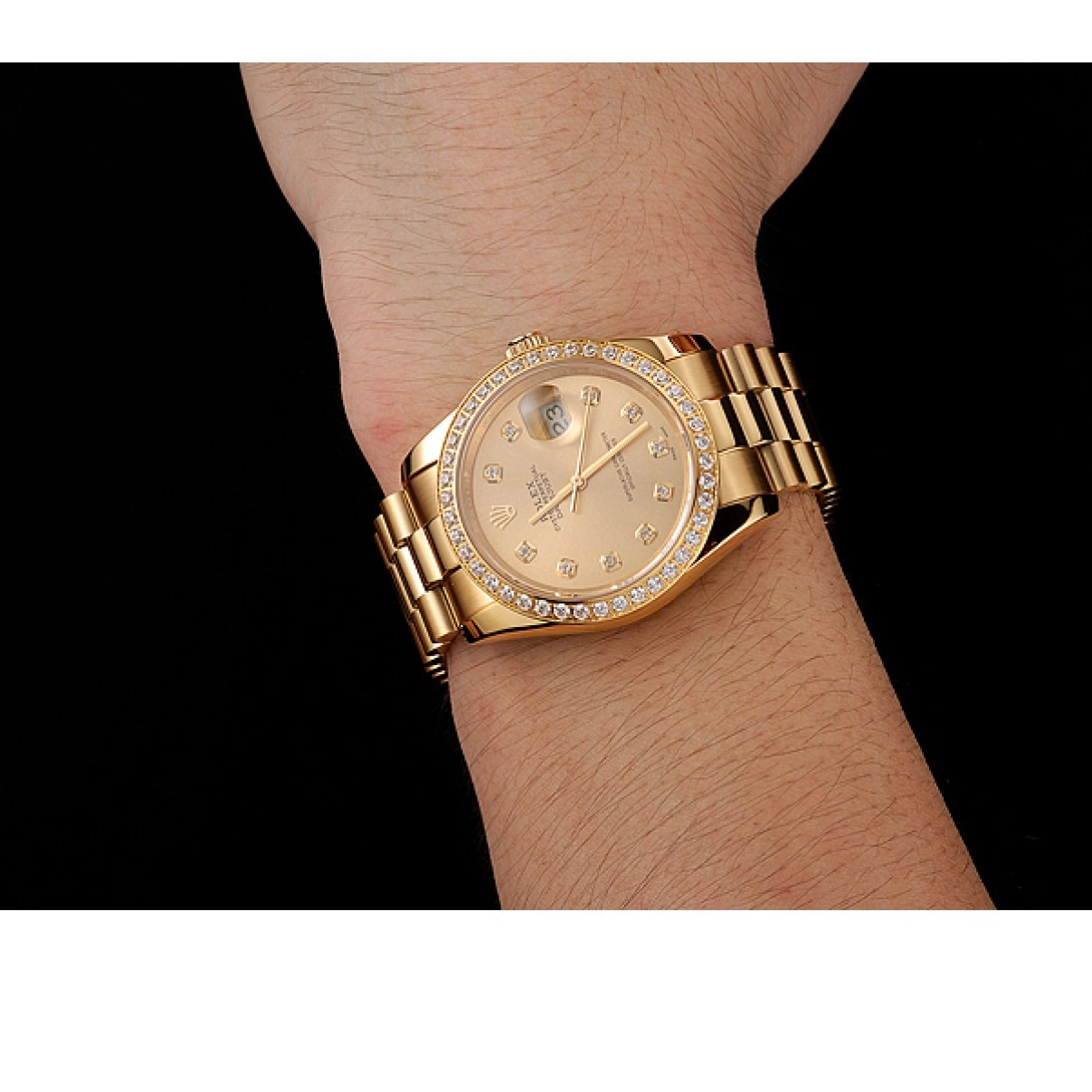 Aaa replica watch Swiss Dial Datejust Champagne Diamond Bezel Bracelet 1454097 Gold Rolex 0218