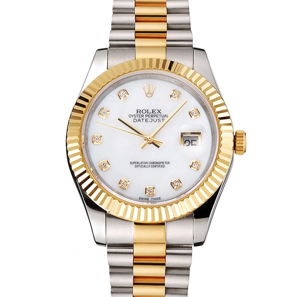 Aaa replica watch Tone Marks Swiss Rolex Dial Case Datejust Bezel Hour Gold Steel Diamond White Two Bracelet Stainless 0210