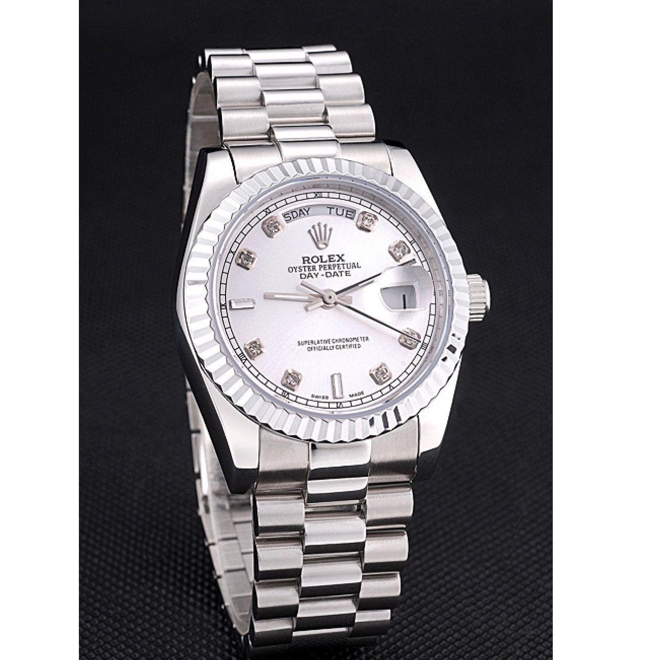 Aaa replica watch Stainless Rolex Polished Day-Date Dial Silver Steel 0224