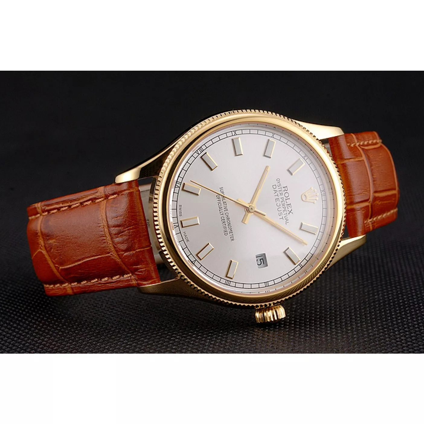 Aaa replica watch Swiss Rolex Datejust White Dial Gold Case Light Brown Leather Strap 0206