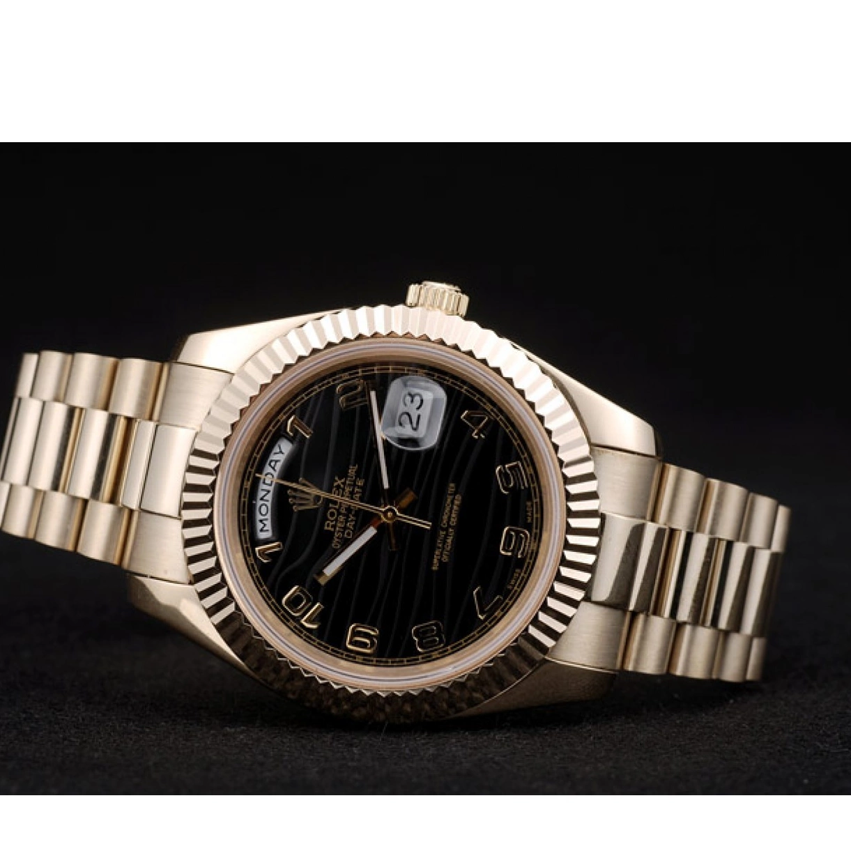 Aaa replica watch 41998 Swiss Stainless Gold Black Dial Rolex Steel DayDate Bezel Ribbed 0210