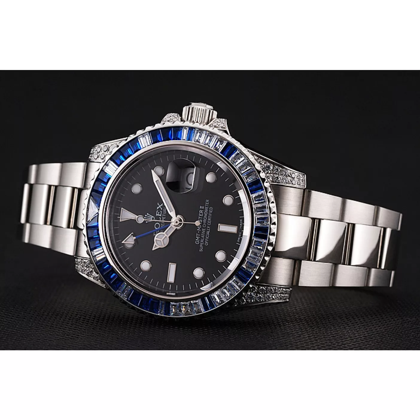 Aaa replica watch Swiss Rolex GMT Master II Black Dial Stone Set Bezel Stainless Steel Case And Bracelet 1453747 0201