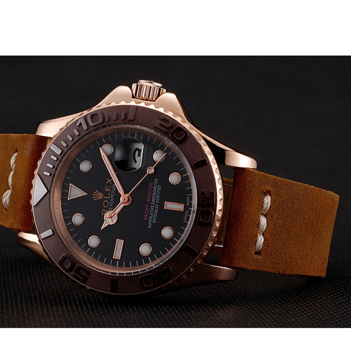 Aaa replica watch Case Rose Brown Leather 1453860 Bezel Rolex Black Gold Bracelet Master Dial Yacht Brown 0223